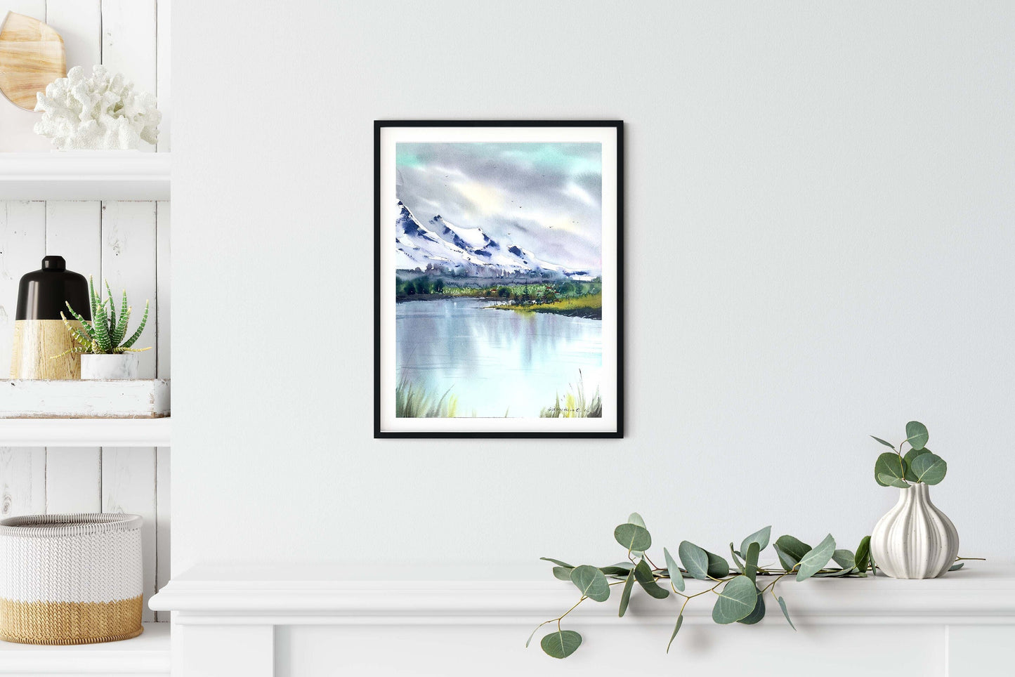 Mountain Lake House Painting Original Watercolor, Abstract Landscape, Modern Art Decor, Gift for Nature Lover