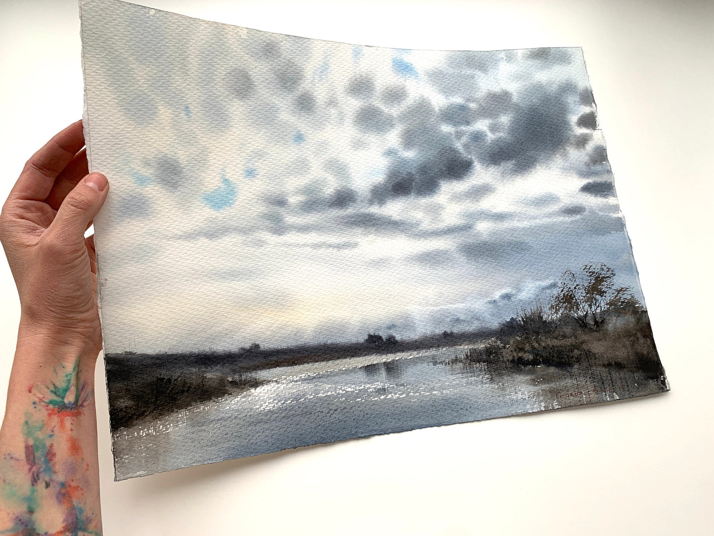 Clouds Field Painting, Modern Watercolor Original, Landscape Artwork, Country Wall Decor, Grey Sky, Gift For Art Lovers