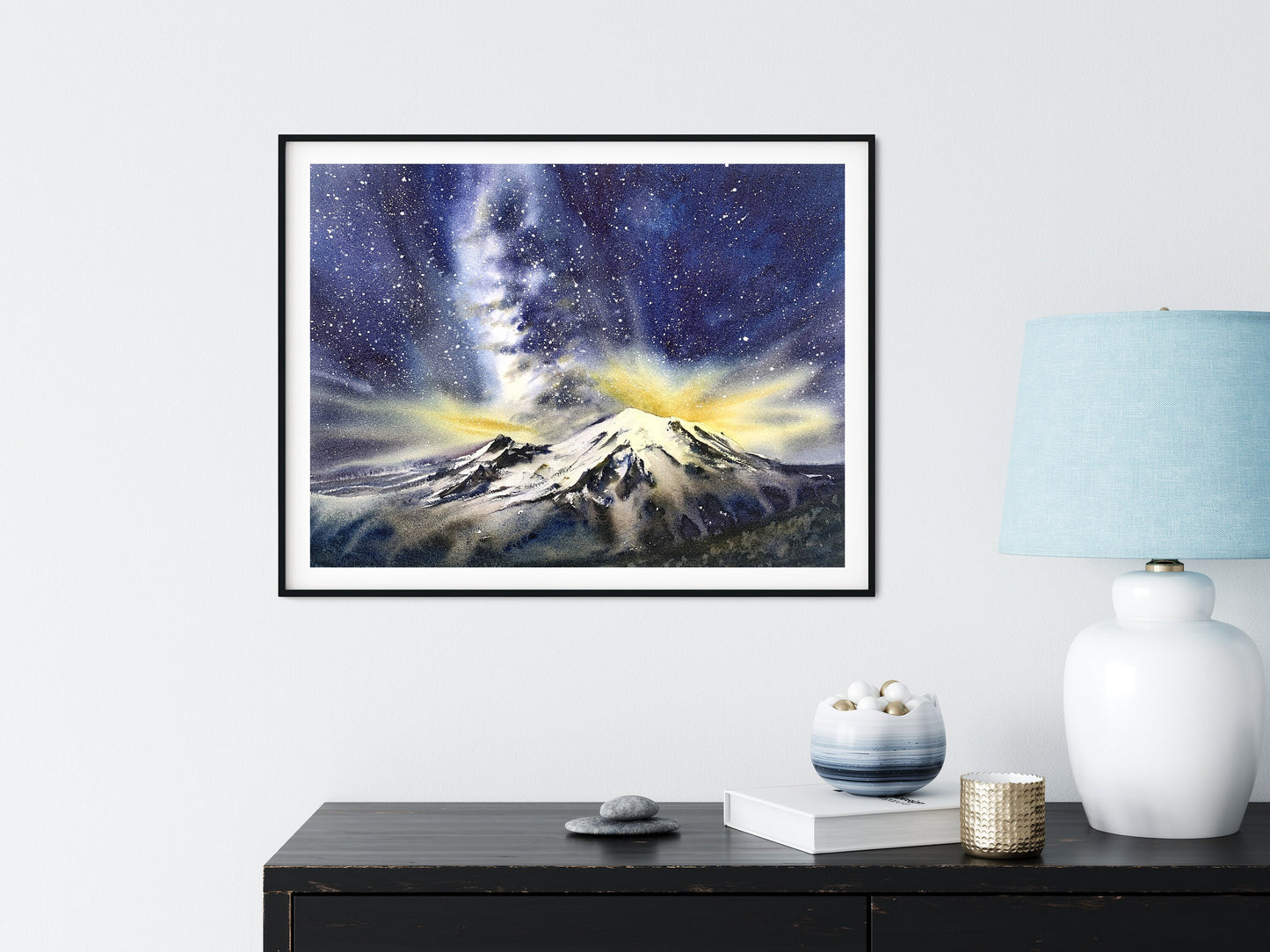 Milky Way Wall Art, Night Sky Stars Print, Mountain Peak Watercolor Painting, House Wall Decor, Canvas Print, Dark blue