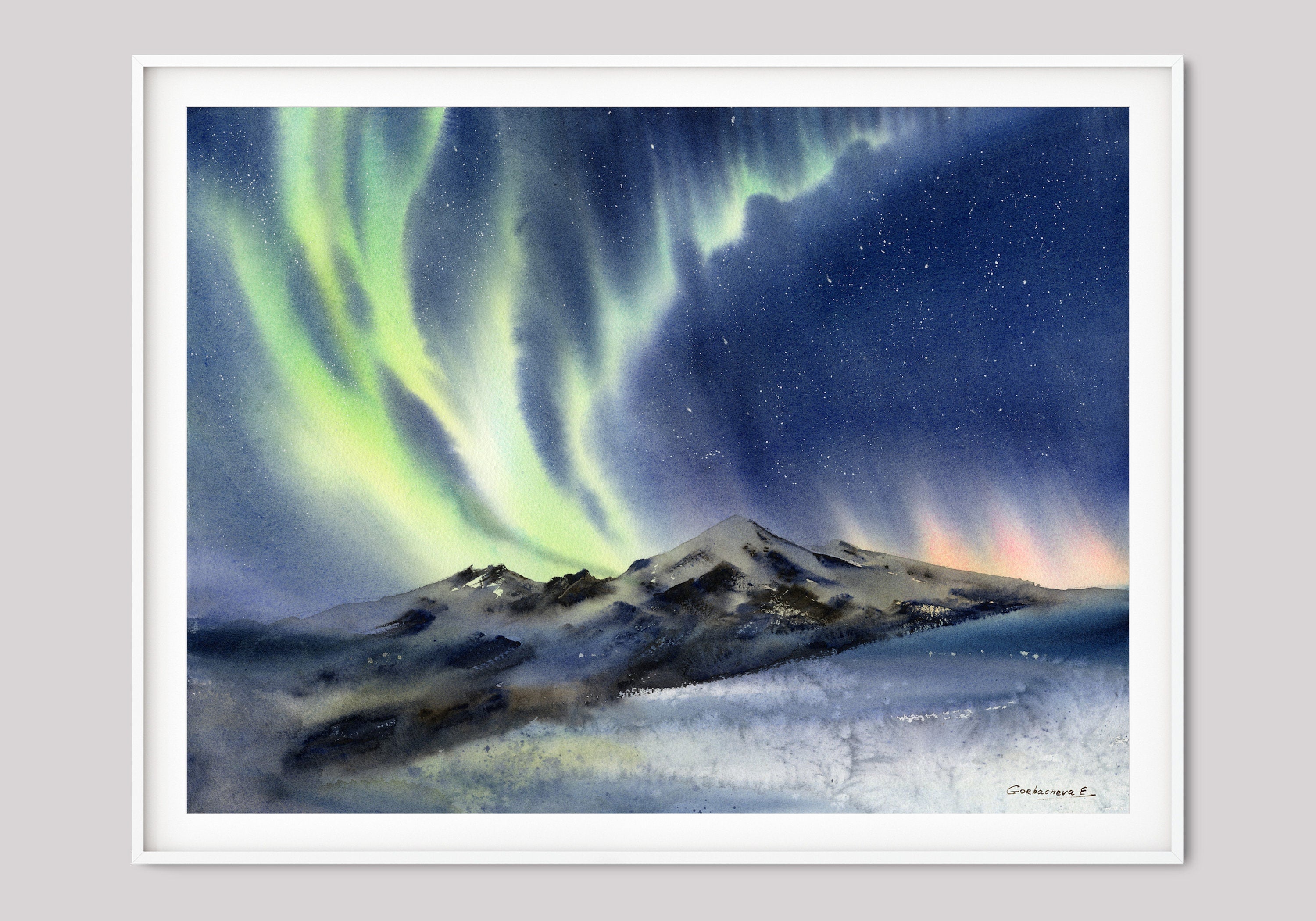 Green Aurora Borealis Wall Art Polar Lights Print Watercolor Night Sky Canvas Scenery Painting Modern Adventure Art