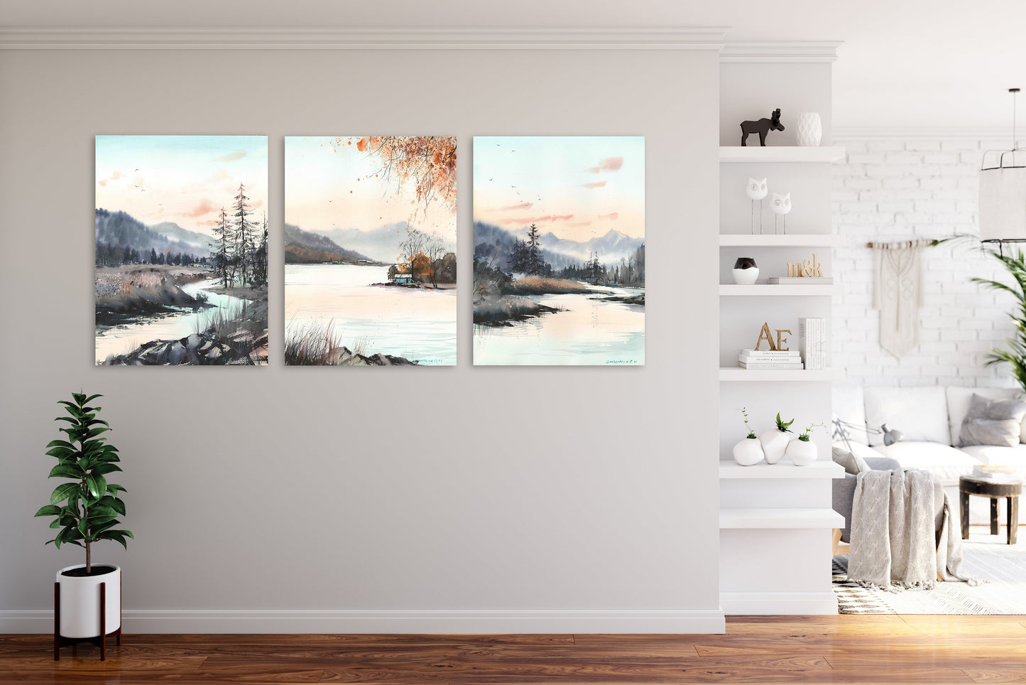 Set of 3 Fall Nature Prints, Abstract Mountain Art, Turquoise Lake House, Landscape Canvas Paintings, Decor Above Bed