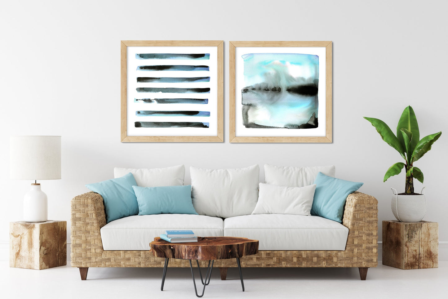 Set Of 2 Abstract Square Prints, Modern Wall Art on Canvas, Contemporary Painting, Grey, Turquoise, Blue, Office Decor