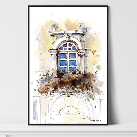 Window Art Print, Old City Scene, Watercolor Art, Architecture Painting, Travel Wall Decor