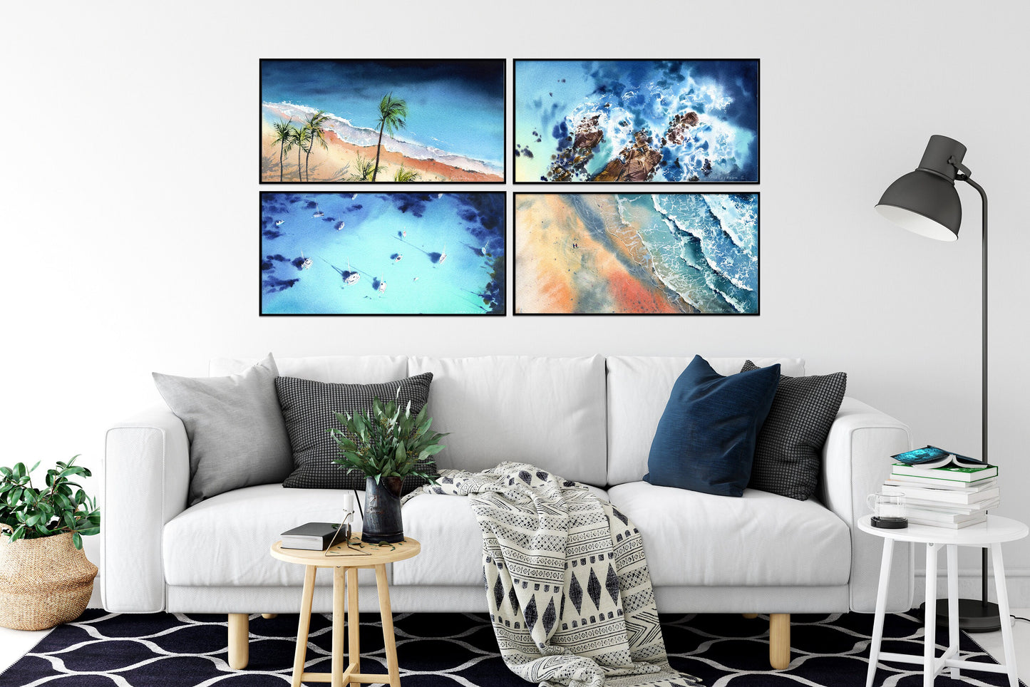 Ocean Beach Gallery Wall Art, Set of 4 Sea Panorama Print, Seascape Painting, Palm Tree Art, Coastal Home Decoration