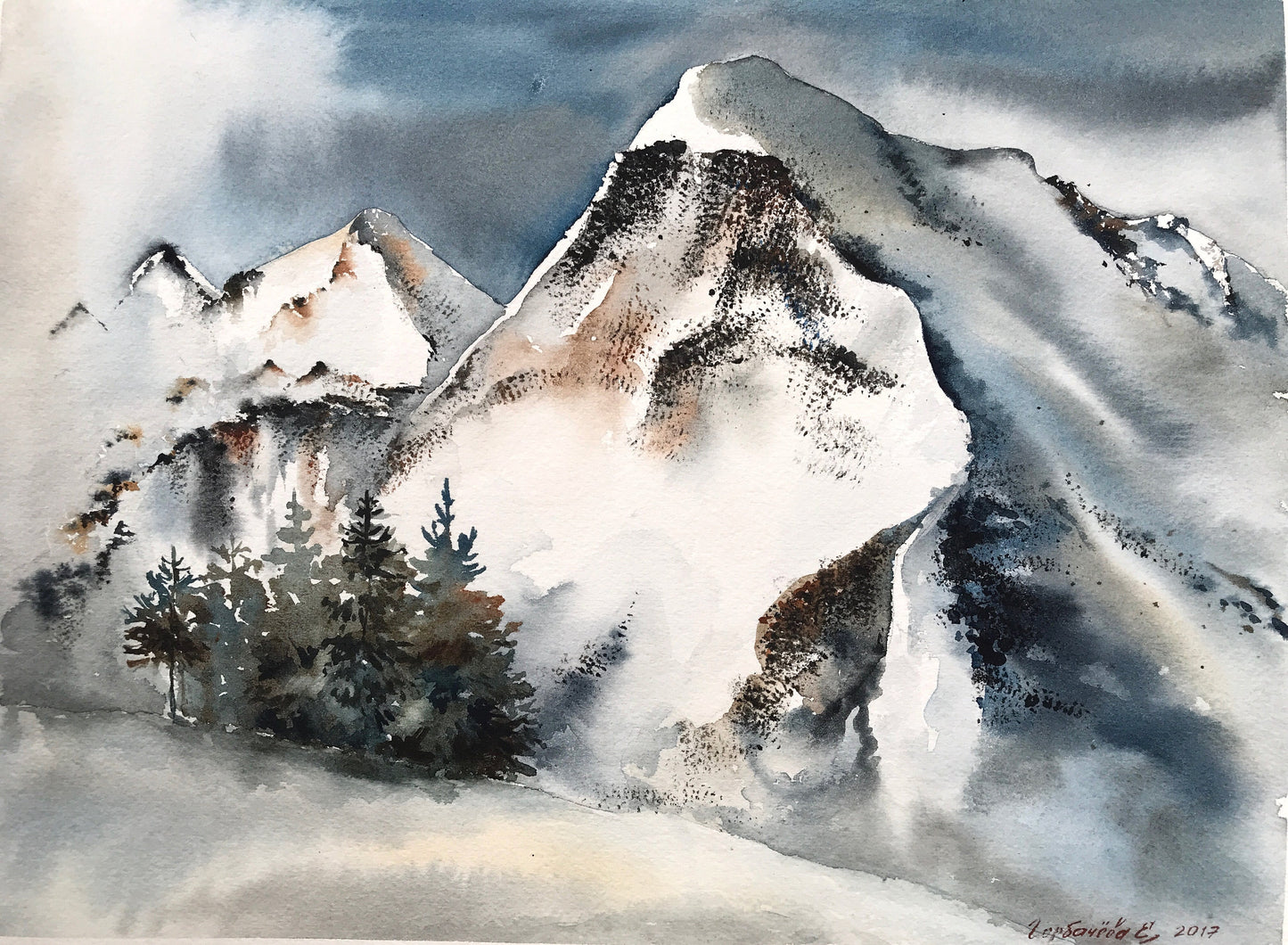 Snowy Mountains Painting Watercolor Original, Nature Art, Mountain Forest Wall Decor, Landscape, Gift