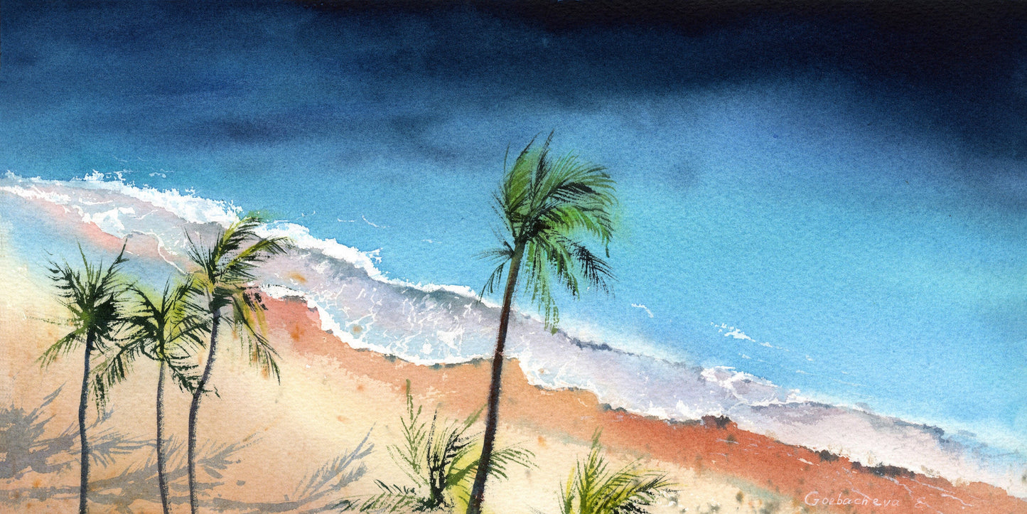 Panoramic Beach Art Print, Palm Tree Painting, Panorama Ocean Art, Bedroom Wave Wall Decor, Blue Sea Waves, Seascape