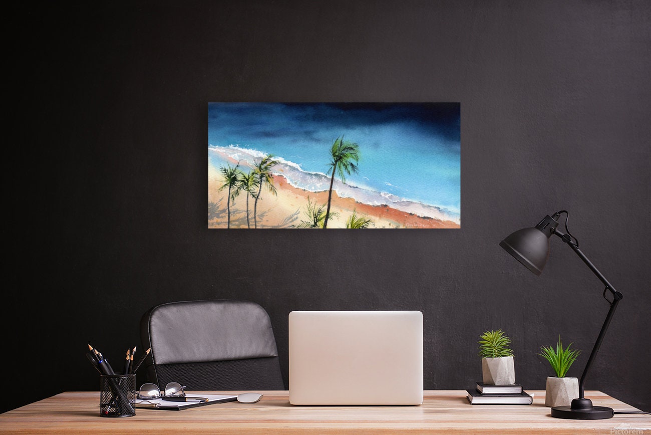 Panoramic Beach Art Print, Palm Tree Painting, Panorama Ocean Art, Bedroom Wave Wall Decor, Blue Sea Waves, Seascape