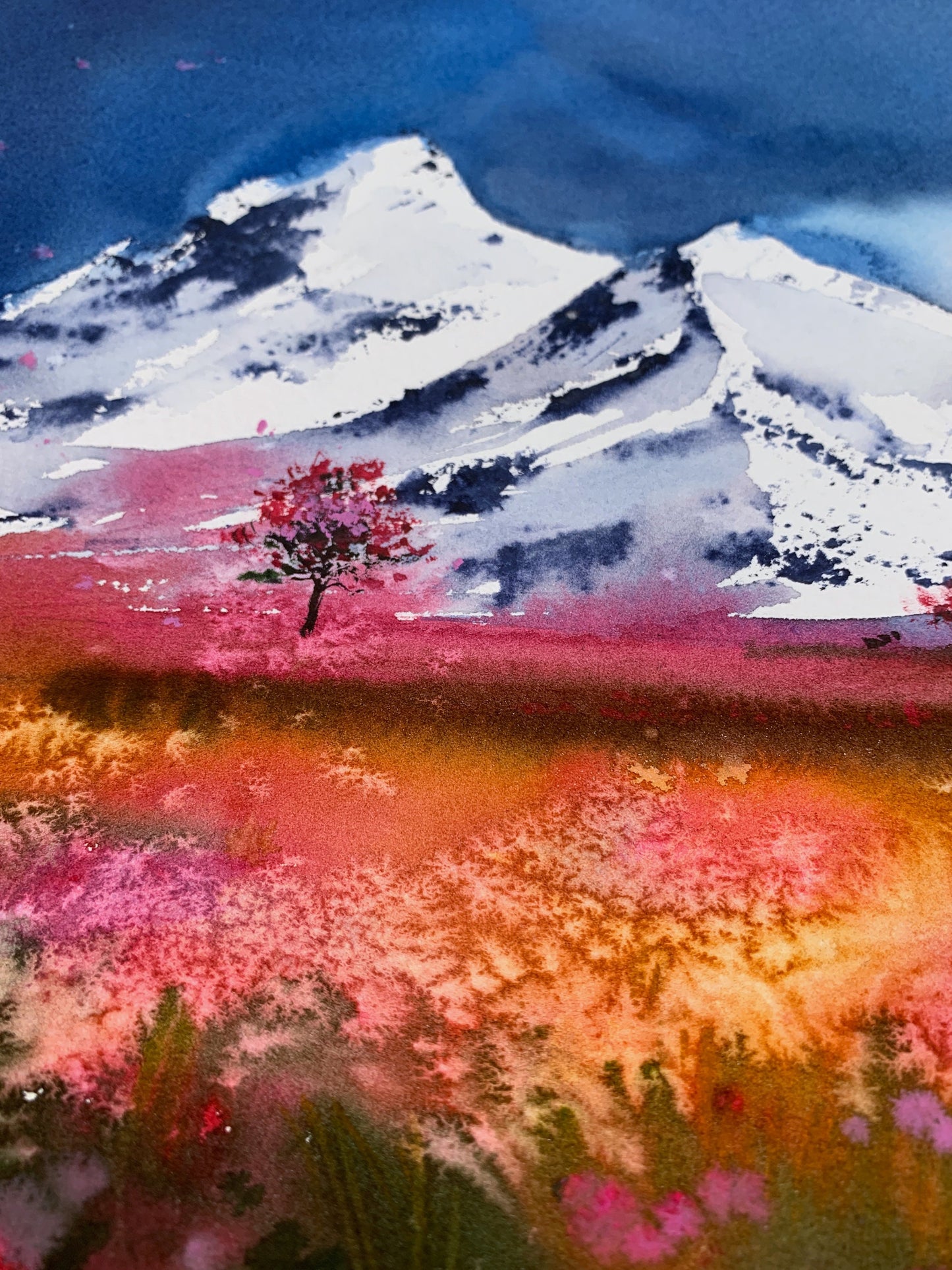 Wildflower Mountain Painting, Original Watercolor, Landscape Wall Decor, Nature Wall Art, Snow Peak Mountains, Gift