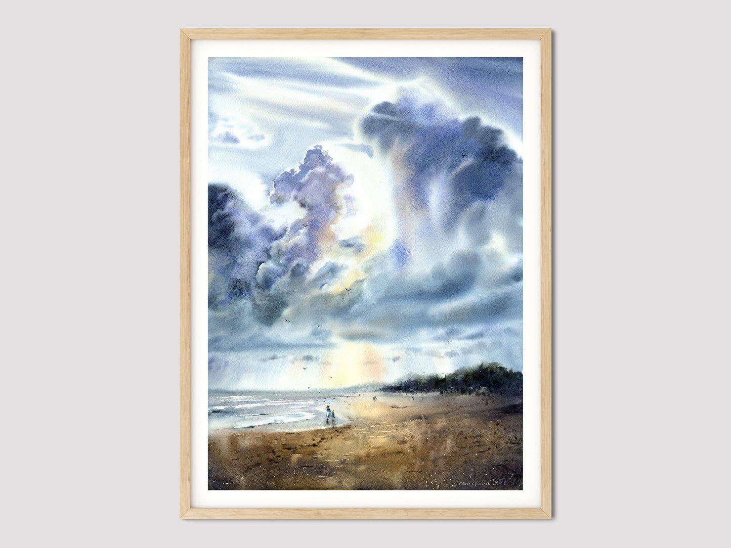 Beach Clouds Painting, Ocean Art Print on Paper or Canvas, Coastal Living room Wall Decor, Watercolor Wave Artwork