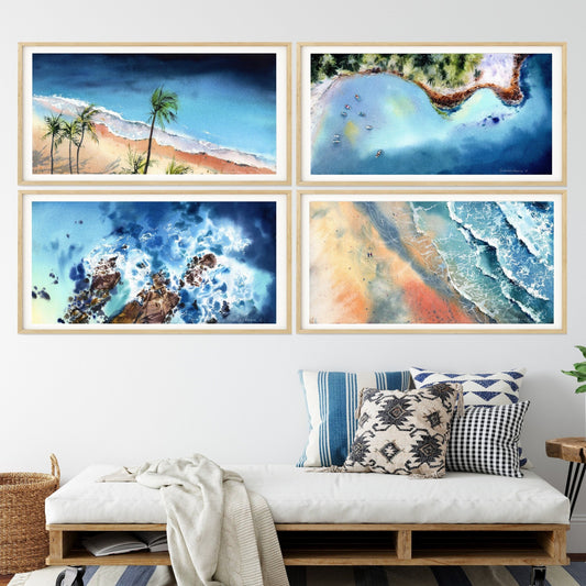 Sea Coastal Gallery Wall Art, Set of 4 Beach Panorama Prints, Canvas Paintings, Palm Tree Art, Seascape Home Decor