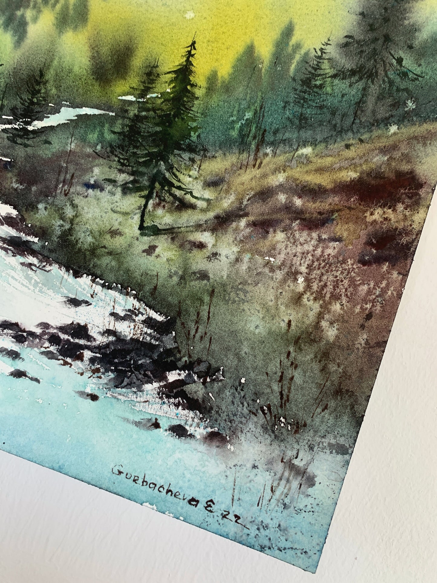 Watercolor Pine Forest Painting Original Small Nature Artwork, Mountain Art Decor, Nature Wall Art, Christmas gift Green