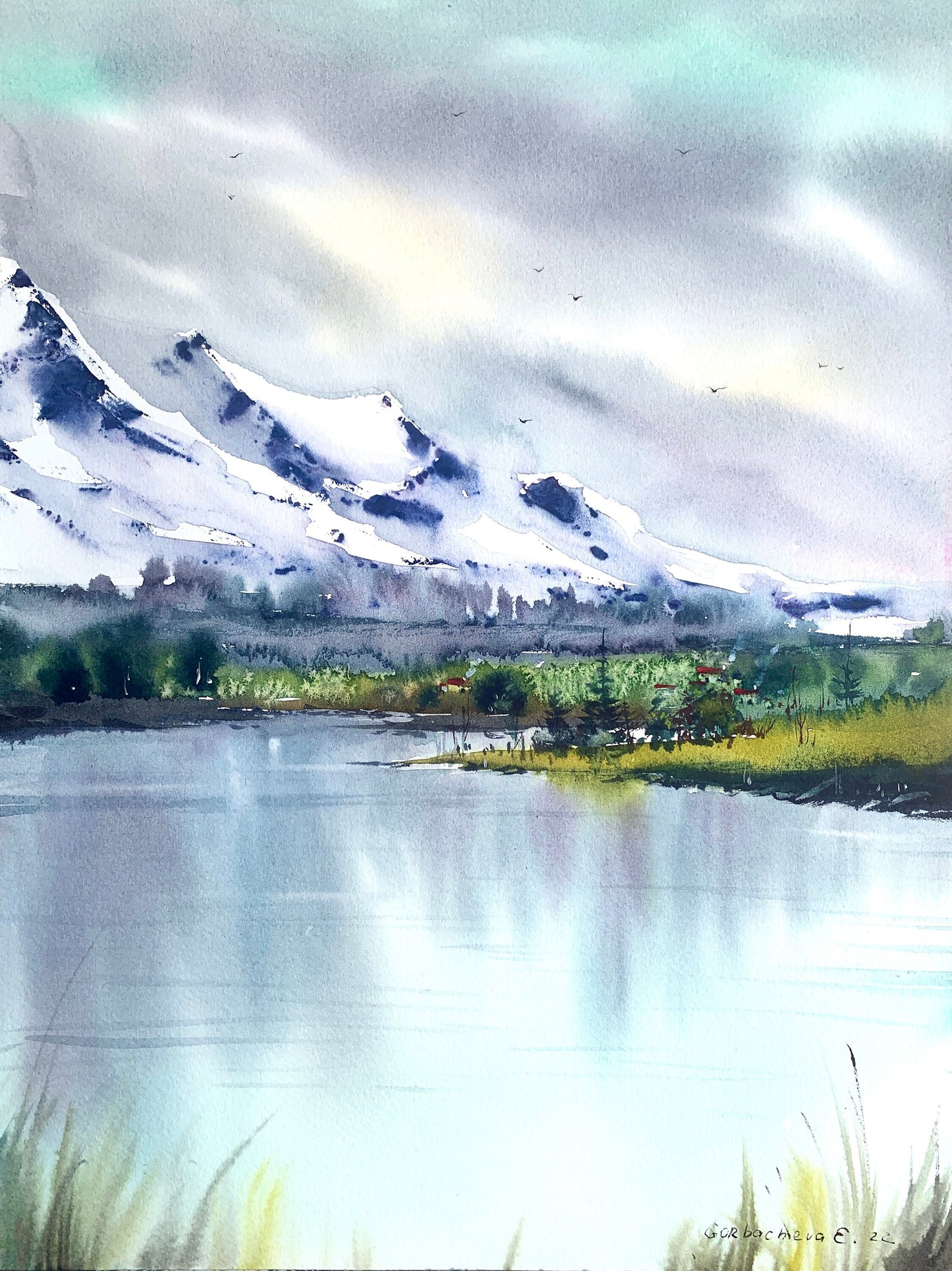 Mountain Lake House Painting Original Watercolor, Abstract Landscape, Modern Art Decor, Gift for Nature Lover