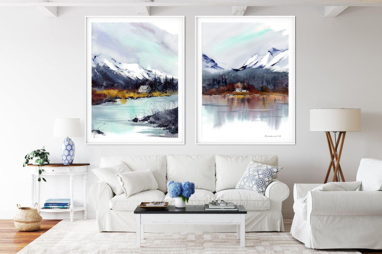Mountain Lake Set of 2 Piece Fall Nature Wall Decor, Abstract Minimalist Watercolor Painting, Scenery Extra Large Prints