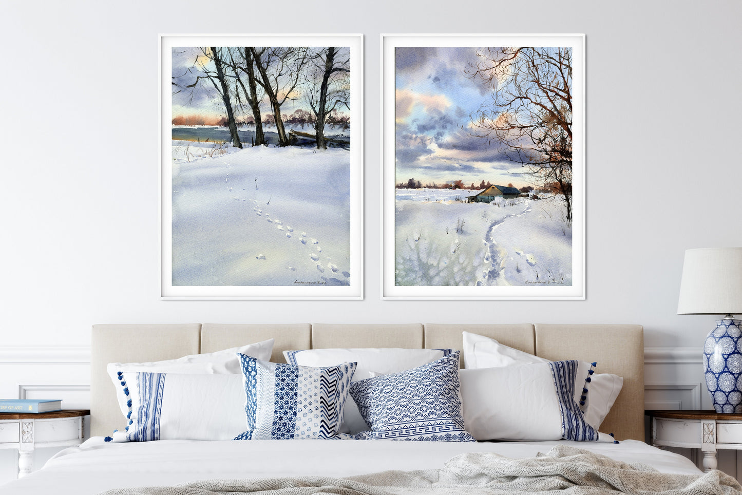 Winter Prints Set of 2 Piece, Nature Wall Decor, Snow Landscape Watercolor Painting, Scenery Large Prints, Country Art