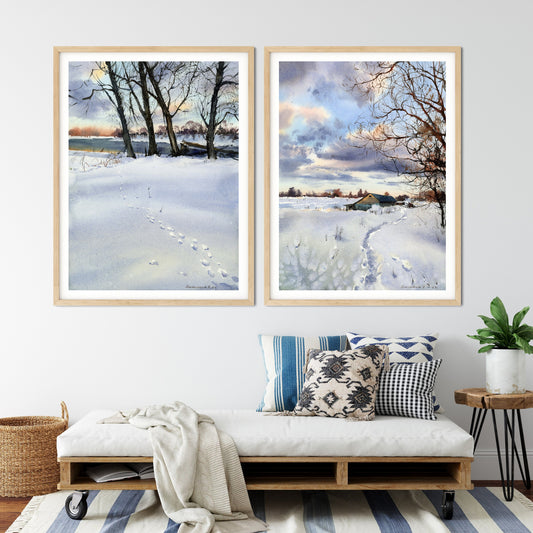 Winter Prints Set of 2 Piece, Nature Wall Decor, Snow Landscape Watercolor Painting, Scenery Large Prints, Country Art