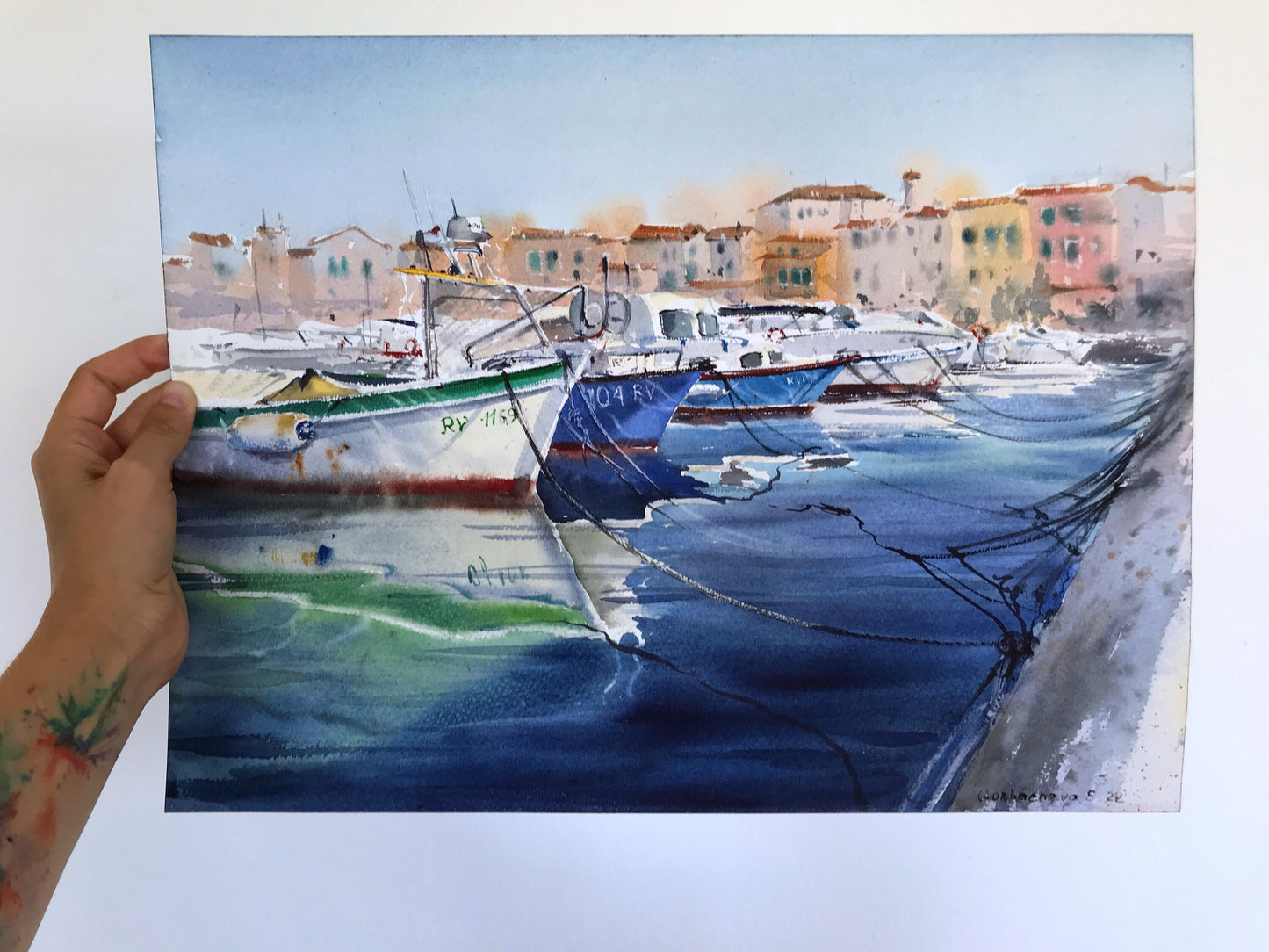 Boat Pier Painting Original Watercolor, Croatia Artwork, Coastal City Art, Travel Gift, Blue Sea, Boats, Greece, Cyprus
