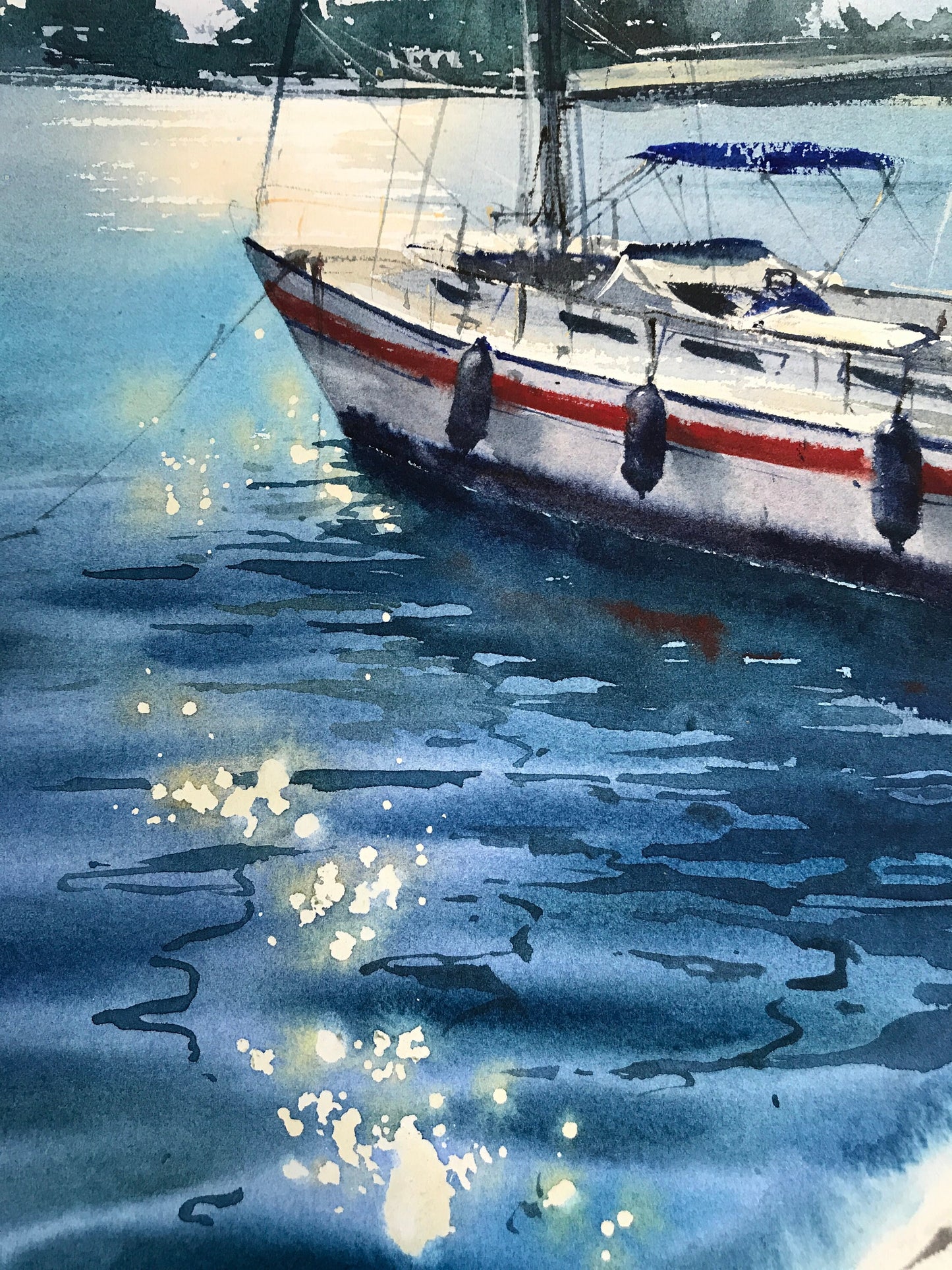 Moored Yacht Painting Watercolor Original, Sailboat Pier Artwork, Seascape Art, Coastal Living Room Wall Art