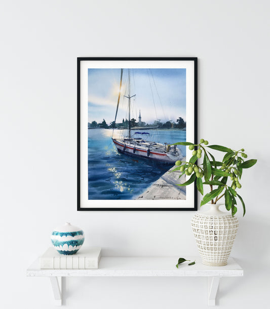 Moored Yacht Painting Watercolor Original, Sailboat Pier Artwork, Seascape Art, Coastal Living Room Wall Art