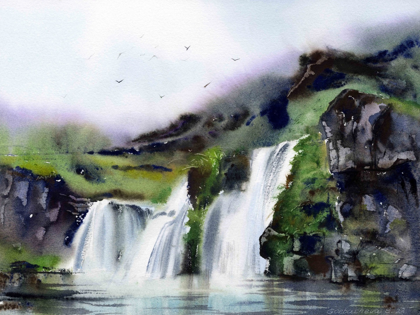 Waterfall Art Print, Iceland Nature Wall Art, Icelandic Landscape Painting, Modern Home Decor, Fine Art Print, Green