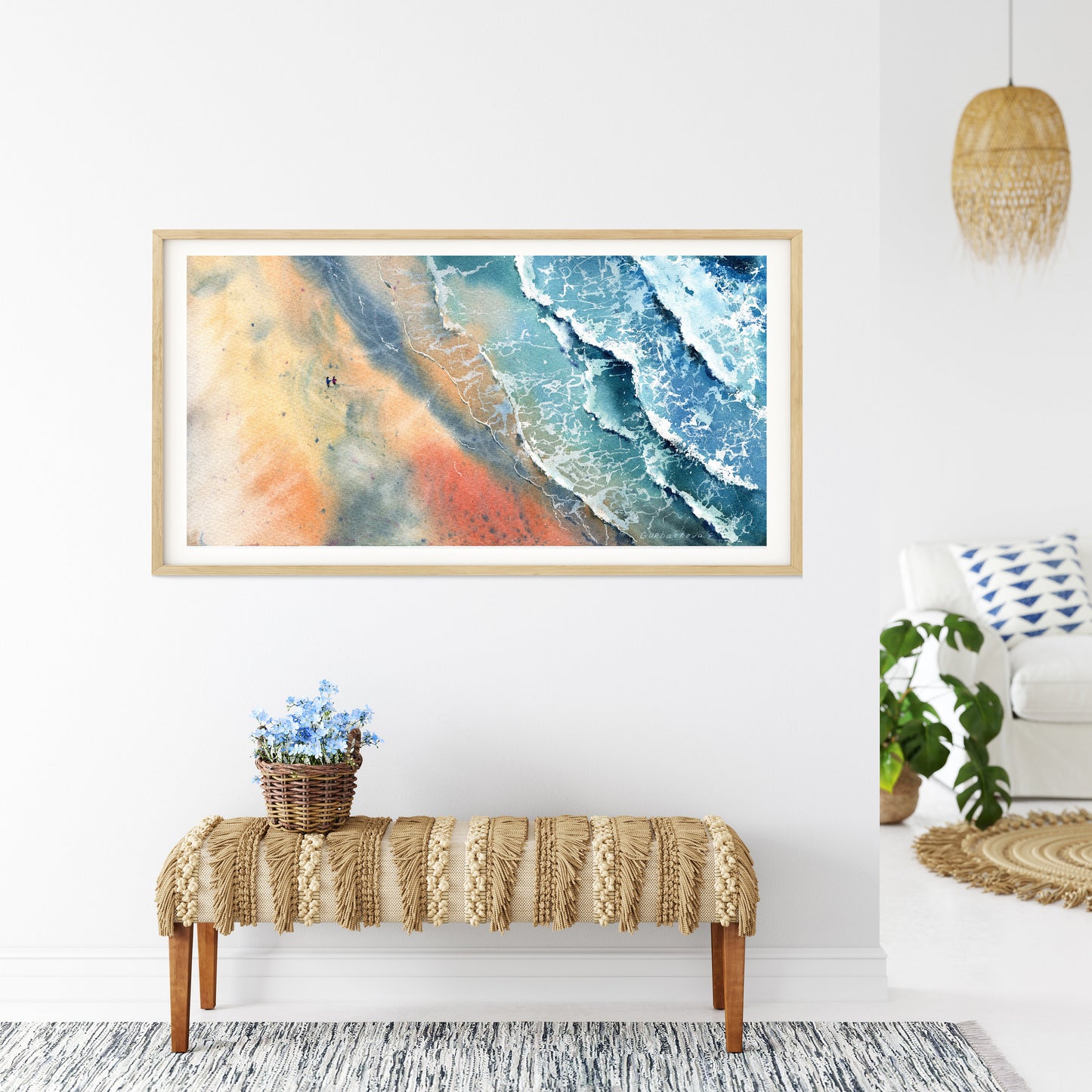 Panorama Beach Art Print, Ocean Wave Painting, Panoramic Sea Art, Coastal Bedroom Wall Decor, Watercolor Blue Waves