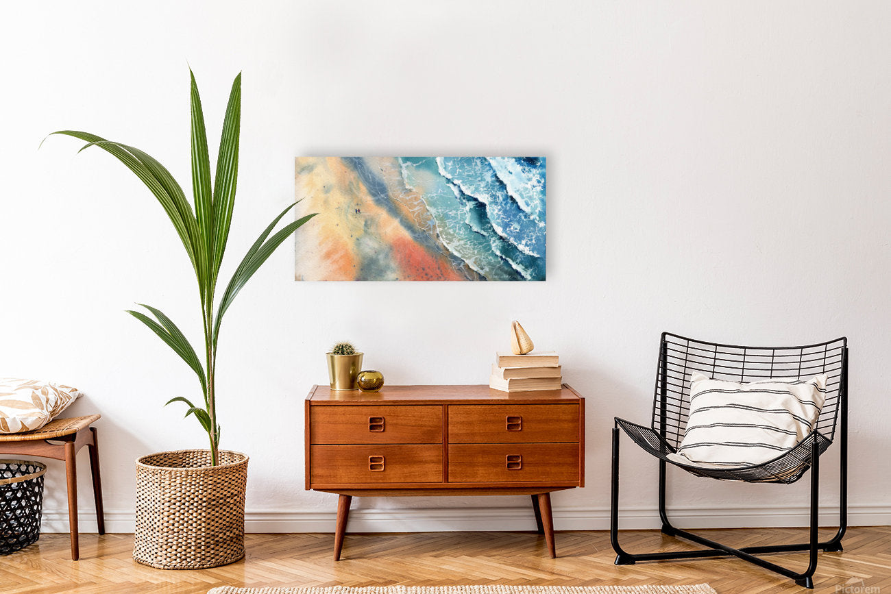 Panorama Beach Art Print, Ocean Wave Painting, Panoramic Sea Art, Coastal Bedroom Wall Decor, Watercolor Blue Waves