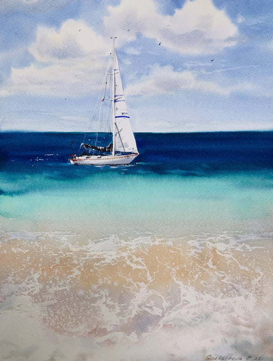 Sailing Painting Original Watercolour, Seascape Artwork, Yachting Art, Office Wall Decor, Gift For Yacht Lover, Sea Waves
