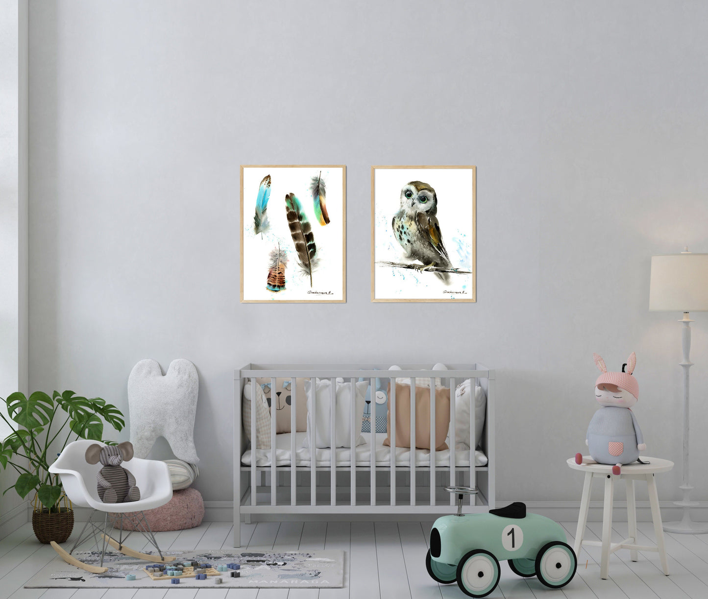 Set of 2 Owl, Watercolor Prints, Gray Bird Wall Art, Minimalist Bird, Animal Kids Room Decor, Canvas Print