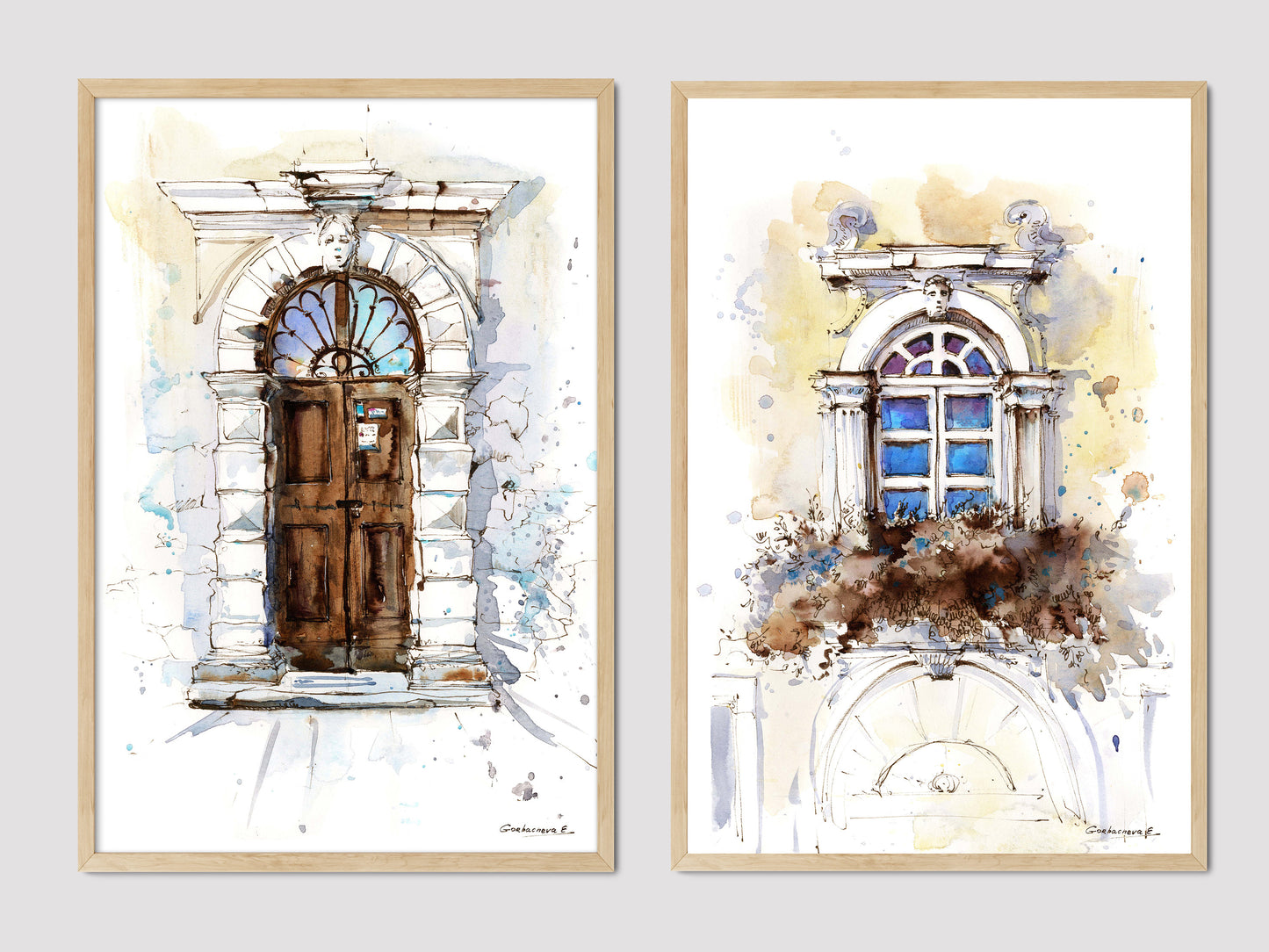 Travel Art Prints Set Of 2, City Scene with Door Window 2 Watercolor Artwork, Gallery Wall, Architecture Painting