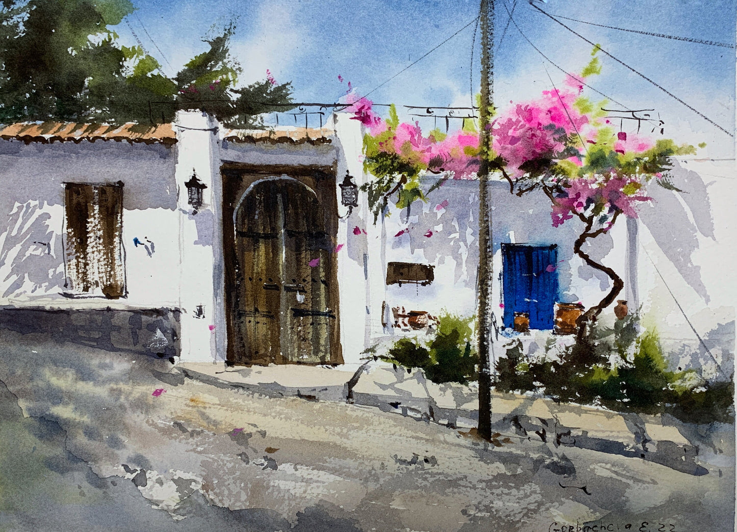 Small Original Painting, Watercolor Artwork, Coastal City House, Greek Village, Greece Art Decor, Gift For Traveler