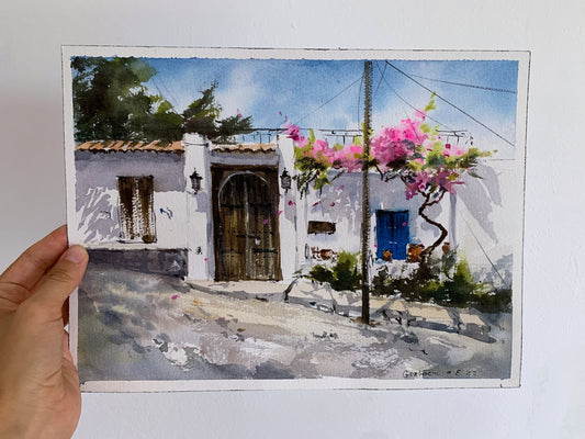 Small Original Painting, Watercolor Artwork, Coastal City House, Greek Village, Greece Art Decor, Gift For Traveler