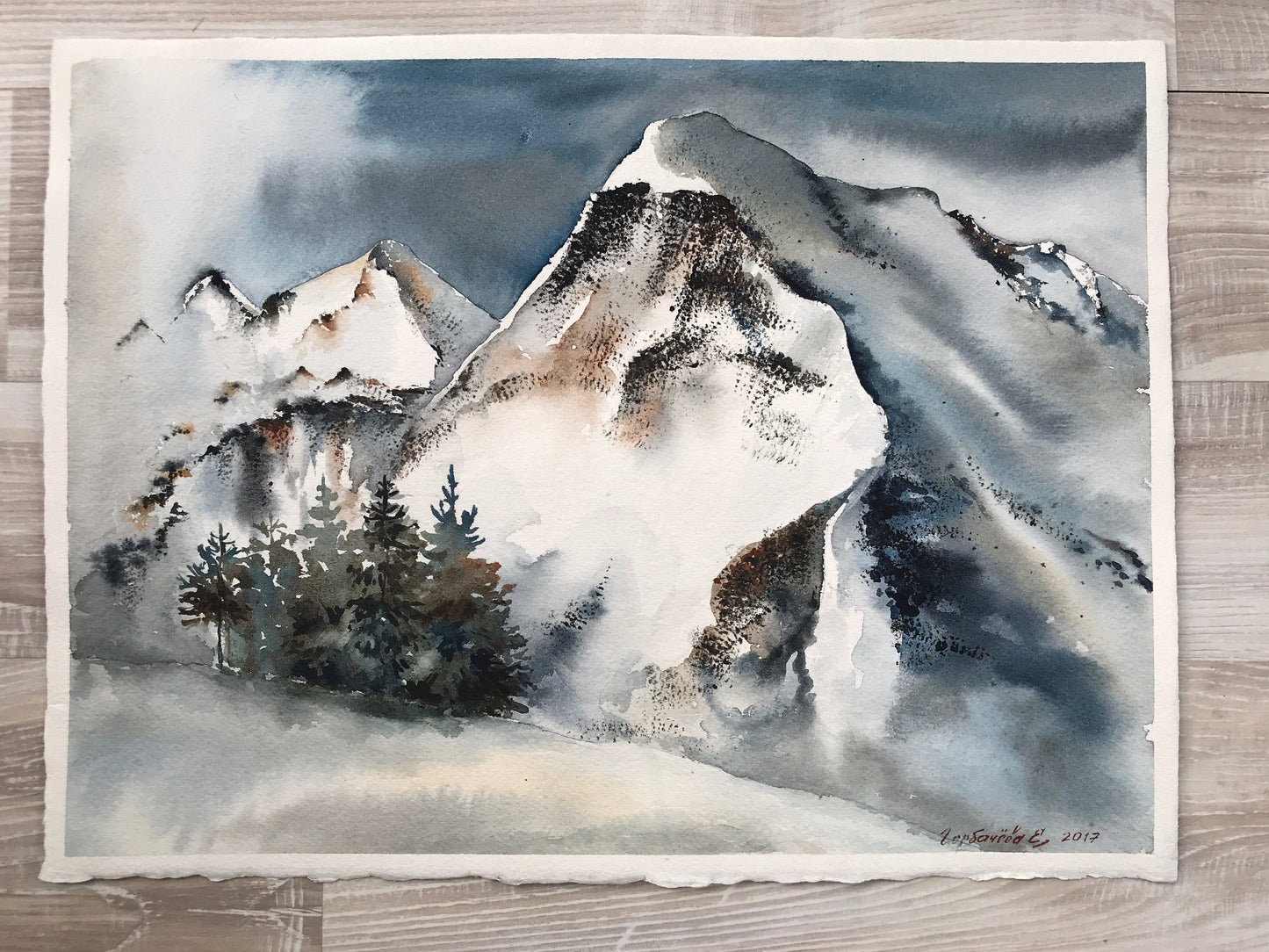 Snowy Mountains Painting Watercolor Original, Nature Art, Mountain Forest Wall Decor, Landscape, Gift