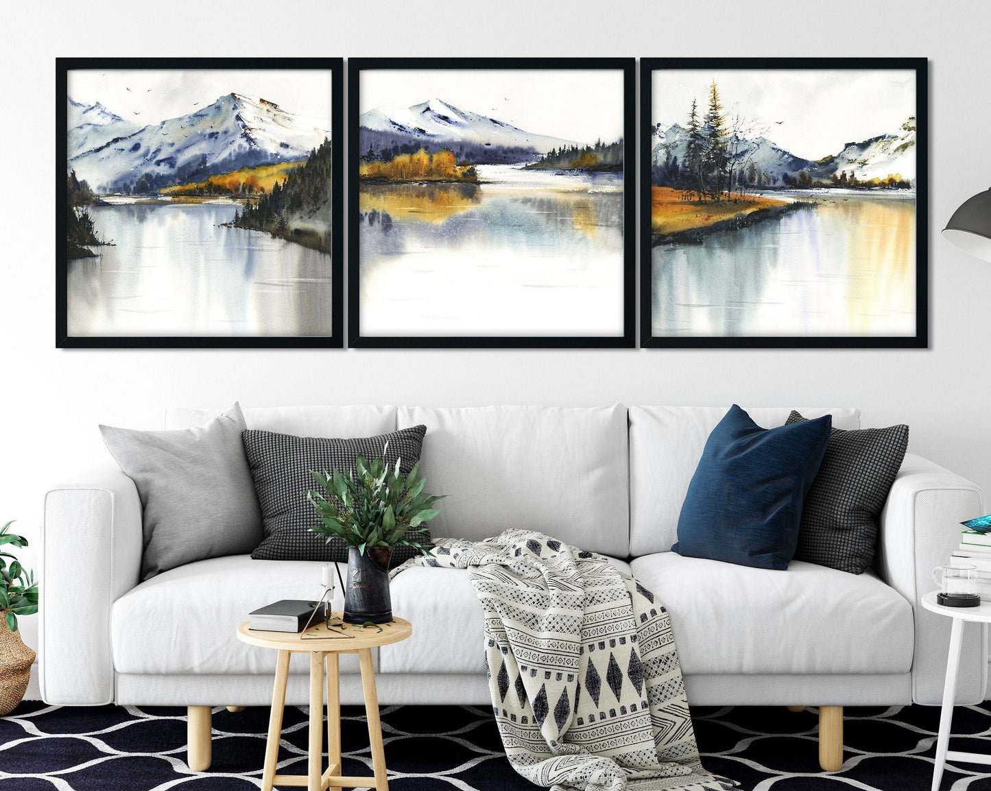 Nature Art Set Of 3 Square Prints, Fall Landscape Wall Art, Mountain Lake Painting on Canvas, Giclee Print, Home Decor