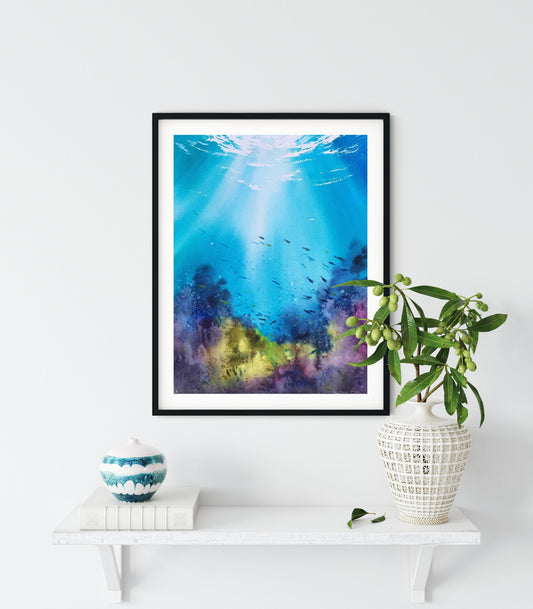 Undersea World Painting Original Watercolor, Underwater Artwork, Ocean Fish Art, Sea Corals Wall Decor, Gift