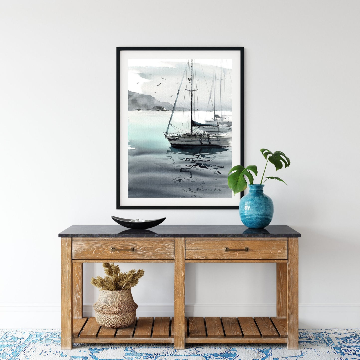 Monochrome Yacht Art, Seascape Print, Bedroom Wall Decor, Sailboat Watercolor Painting on Canvas, Home Wall Decor, Gift