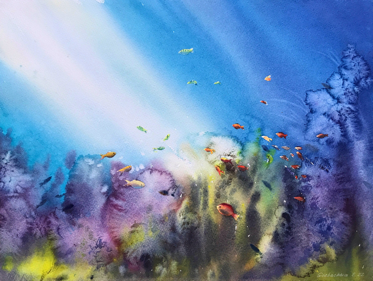 Watercolor Underwater Painting Original, Undersea Artwork, Ocean Corals Art, Sea Fish Wall Decor, Gift For Diver
