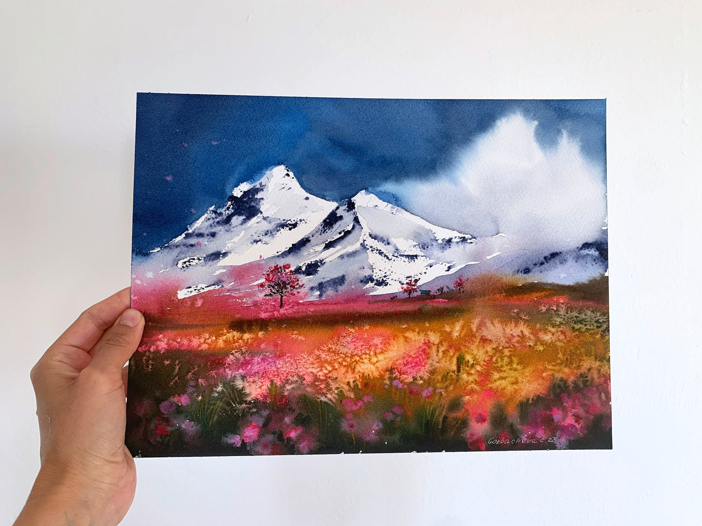 Wildflower Mountain Painting, Original Watercolor, Landscape Wall Decor, Nature Wall Art, Snow Peak Mountains, Gift