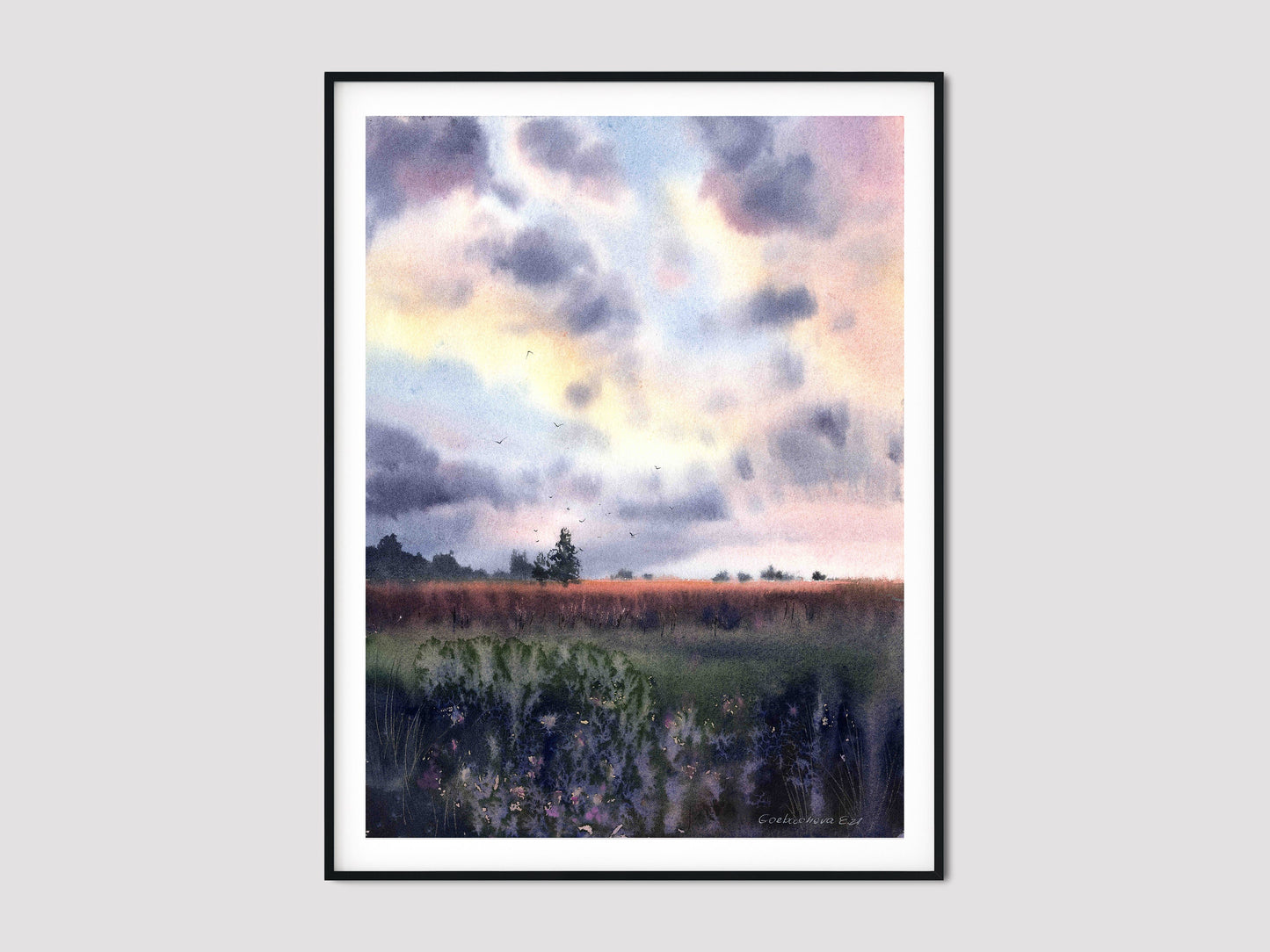 Country Art Set of 2 Pieces, Nature Wall Prints, Modern Design Decor, Field, Purple Sky, Giclee Large Canvas Print