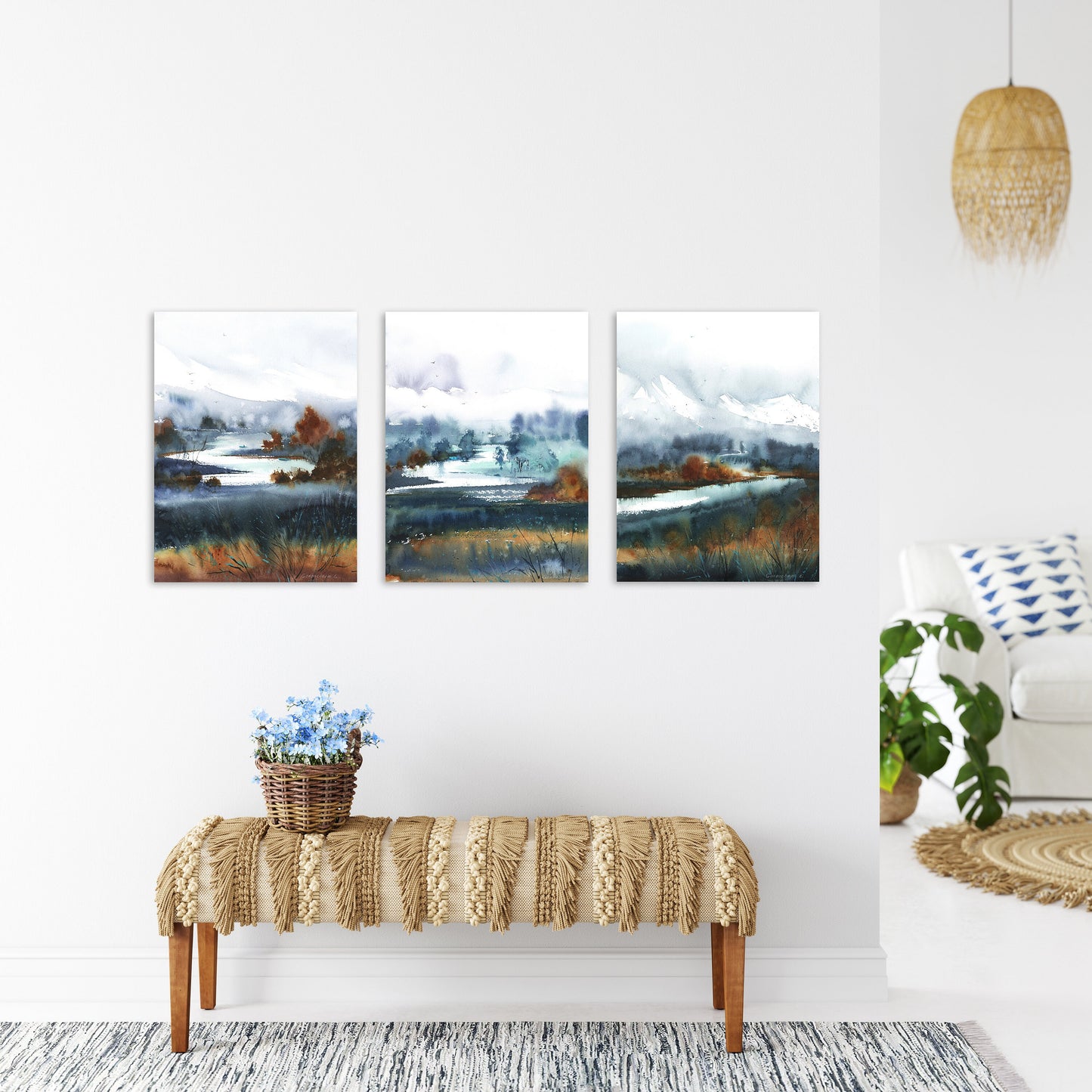 Abstract Mountain Set of 3 Prints, Nature Wall Art, Modern Fall Landscape Paintings On Canvas, Contemporary Office Decor