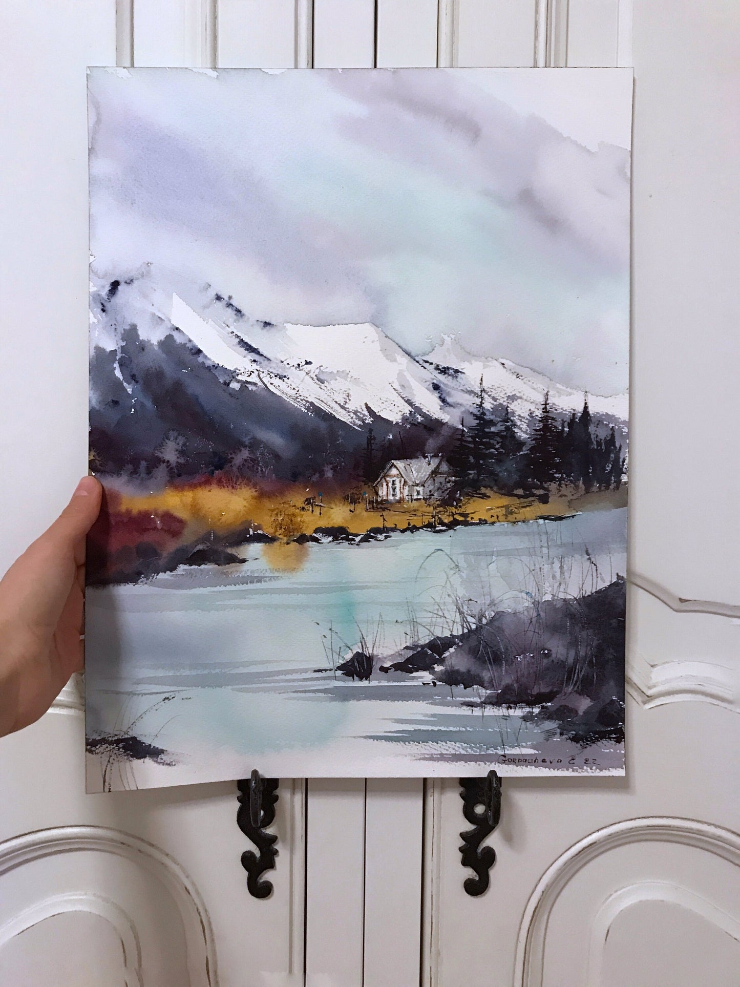 Mountain Painting Original, River House Wall Decor, Watercolor Art, Abstract Fall Landscape, Mountains, Bedroom Art Decor
