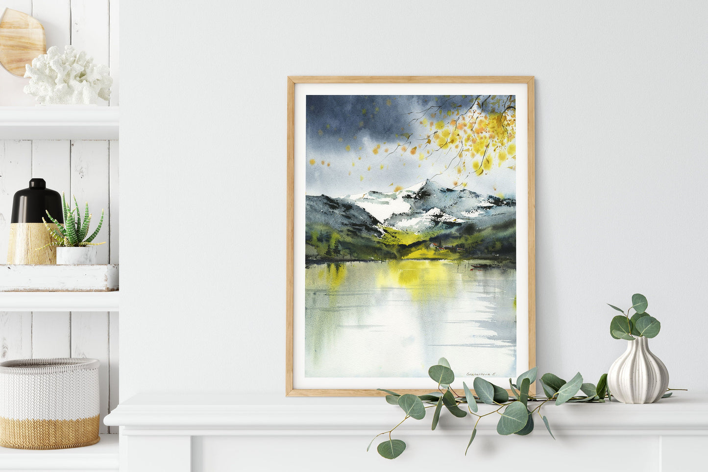 Fall Trees Print, Watercolor Mountain Art, Lake House Decor, Nature Wall Decoration, Autumn Forest, Aspens, Green
