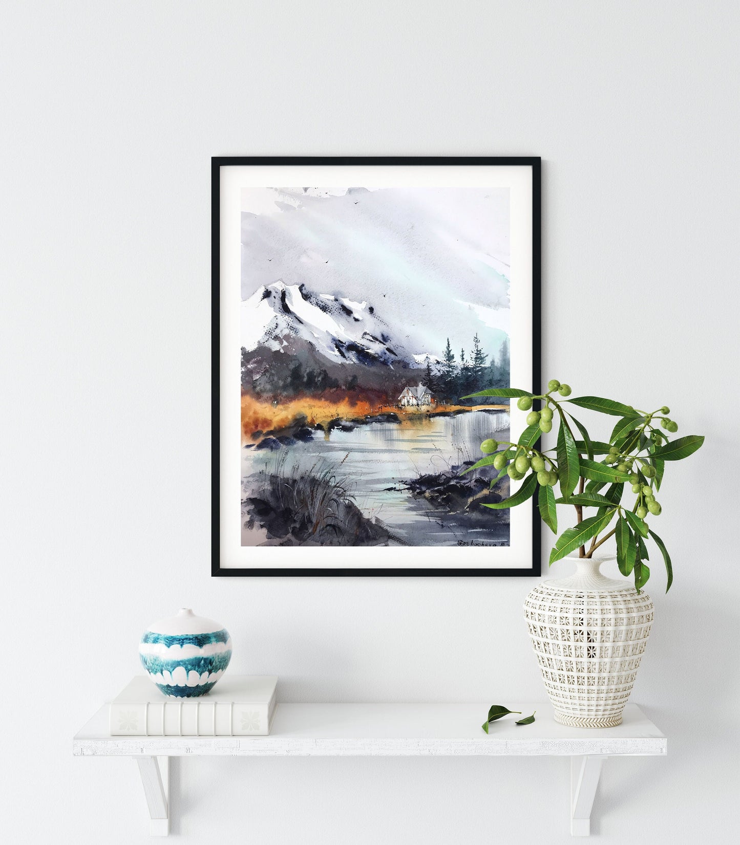 Nature Painting Original, Fall Mountain River, Home Wall Decor, Watercolor Abstract Landscape, Living Room Art Decor