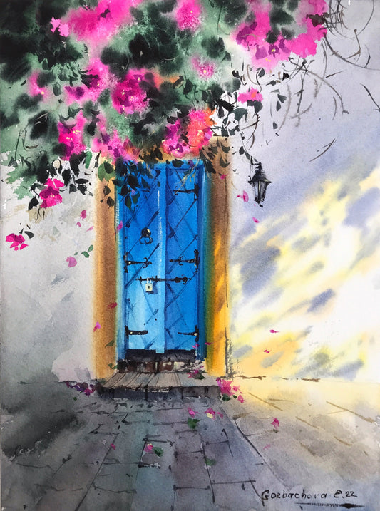 Blue Door Greece Painting Watercolor Original Art, Greek Style, Santorini Artwork, Coastal City, Gift For Her, Cyprus