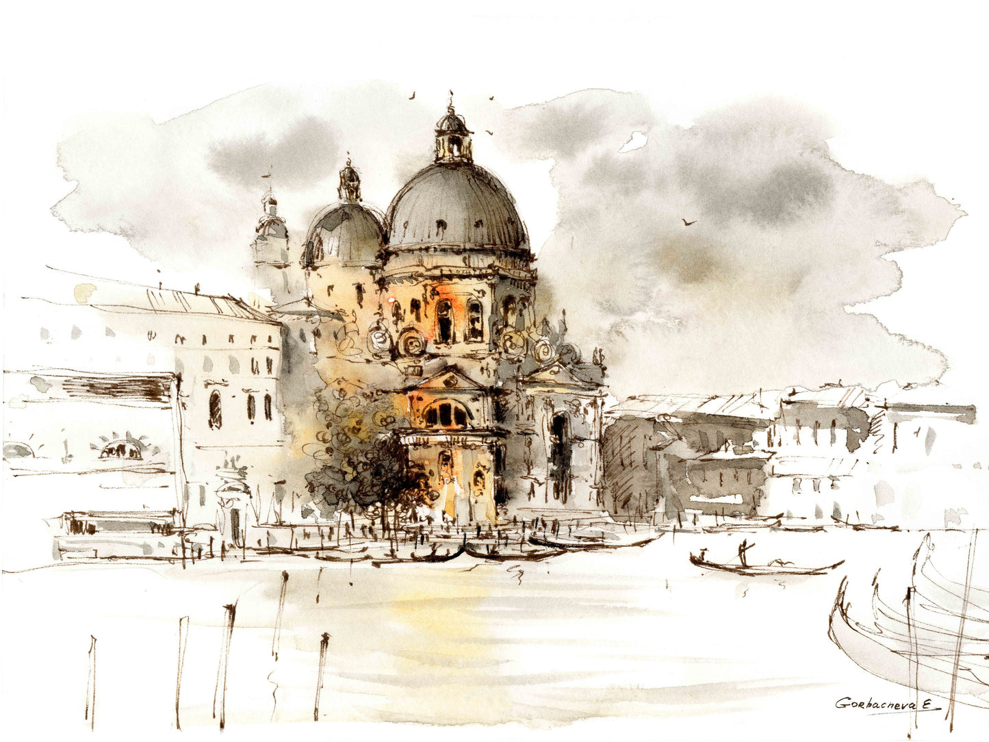 Venice Wall Art, Grand Canal Print, Europe Architecture, Santa Maria Della Salute, Watercolor Sketch, Travel Painting
