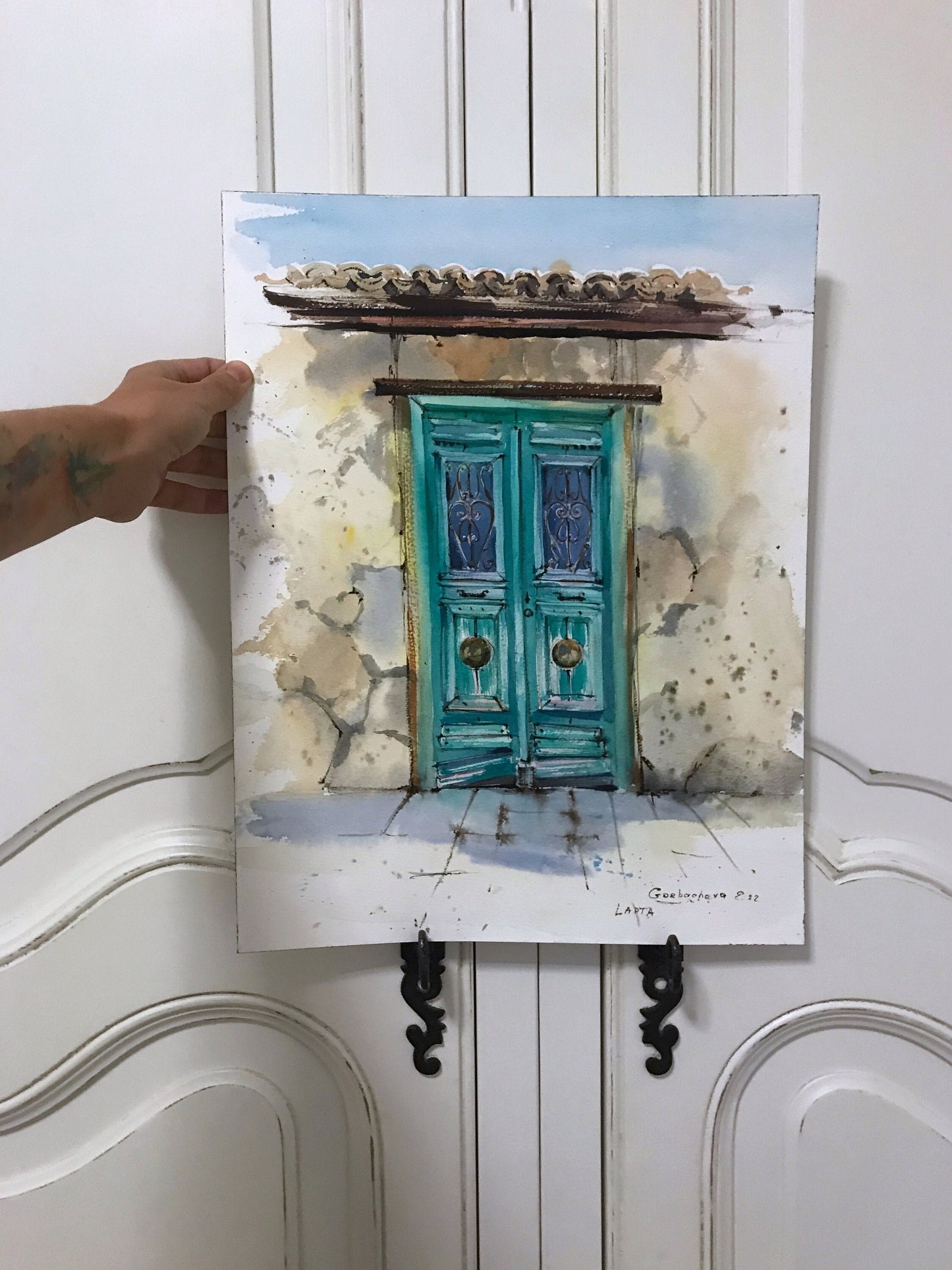 Green Door Painting, Greek Original Watercolor, Greece Wall Art, Architecture Artwork, Coastal City, Unique Gift