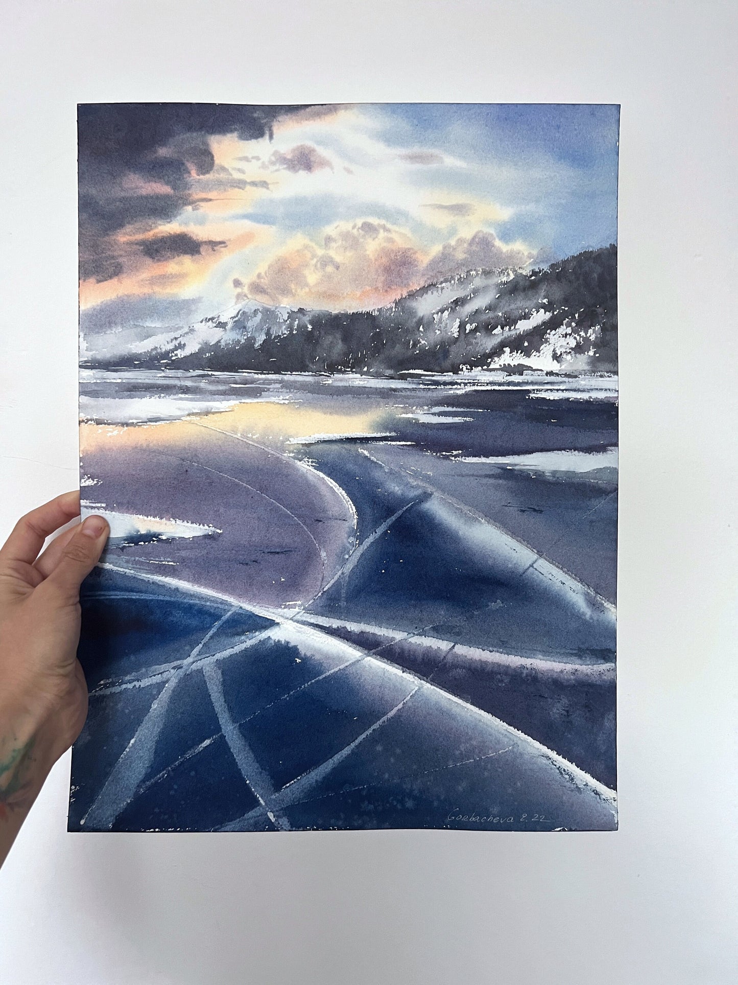 Frozen Lake Painting, Original Watercolor, Winter Landscape, Frosty Morning, Blue Ice Wall Art, Siberia Baikal