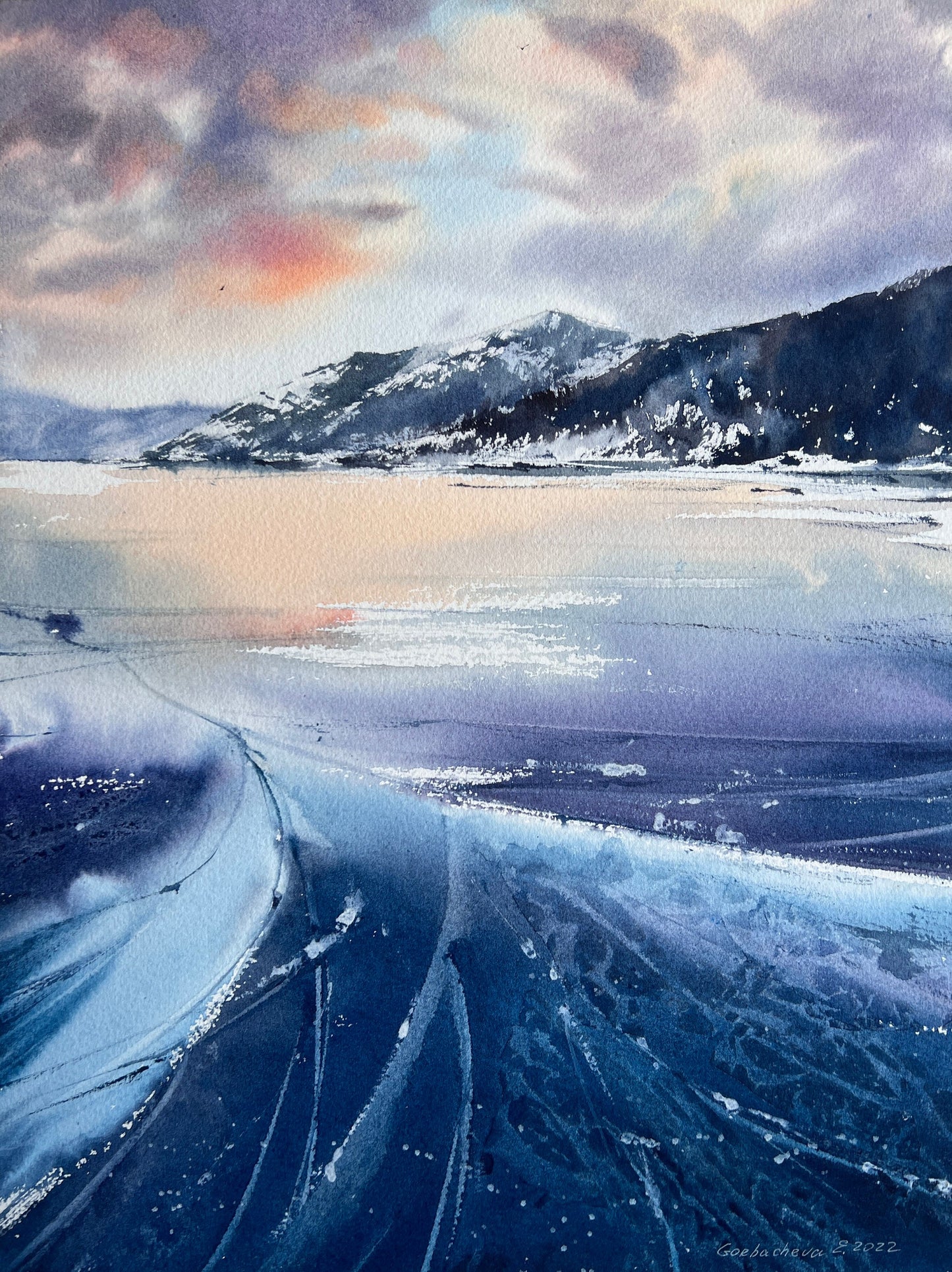 Baikal Lake Painting, Watercolor Original, Frozen Winter Landscape, Frosty Day, Blue Ice Art, Christmas Wall Decor, Gift