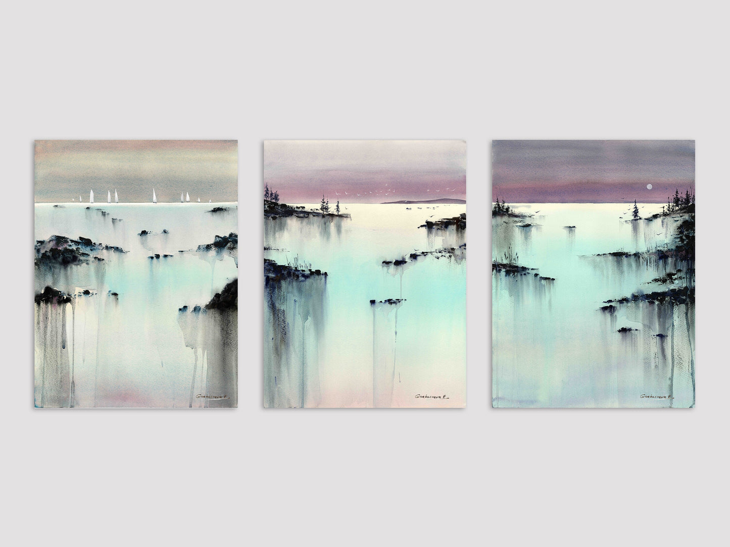 Abstract Coast Set of 3 Nature Prints, Pine Tree Art, Turquoise Lake, Pink, Landscape Canvas Paintings, Decor Above Sofa