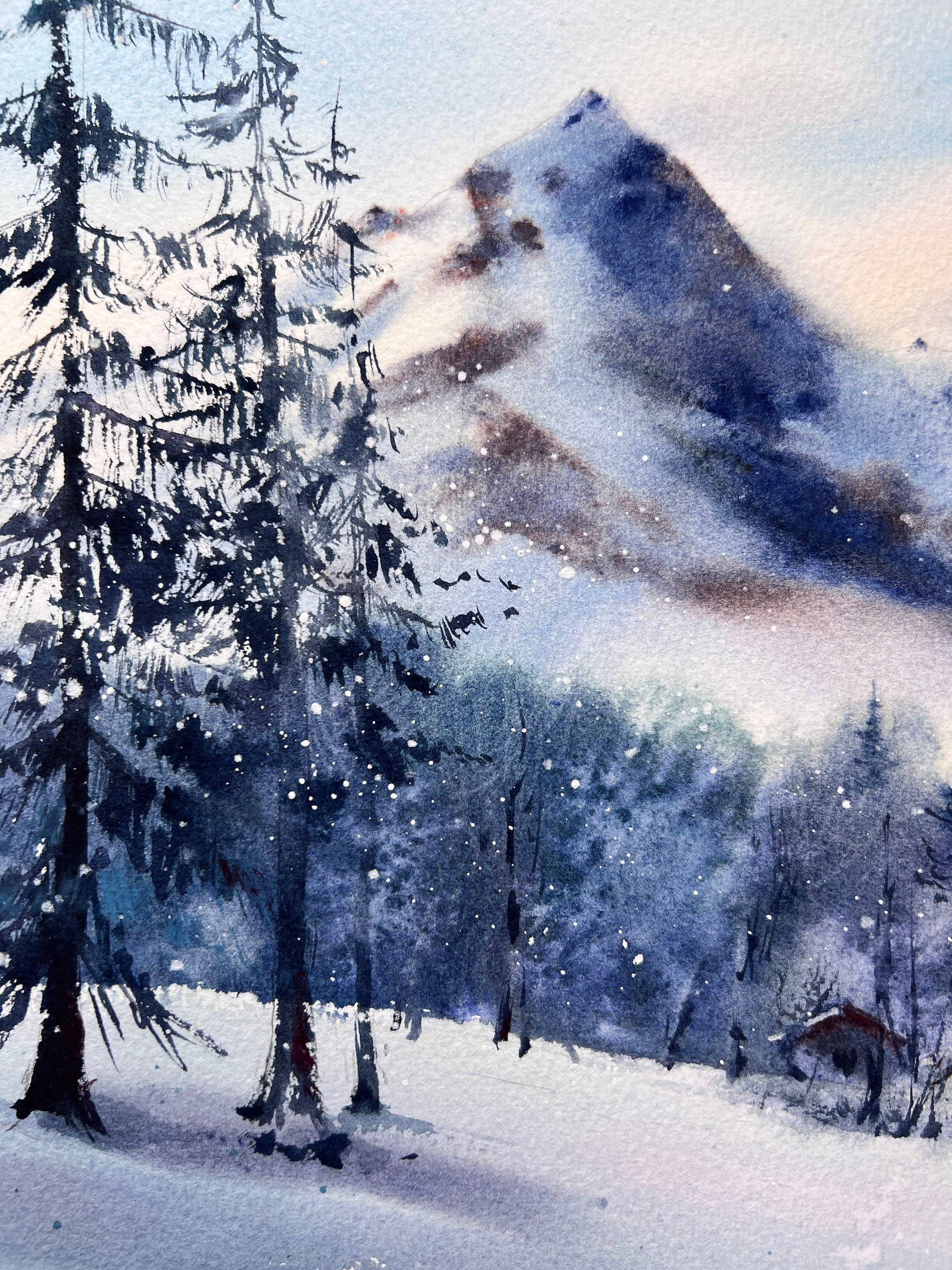 Snowy landscape, trees in winter, cheapest watercolor painting, unframed art, impressionist style, new artwork, nature lover gift, snow serene pink