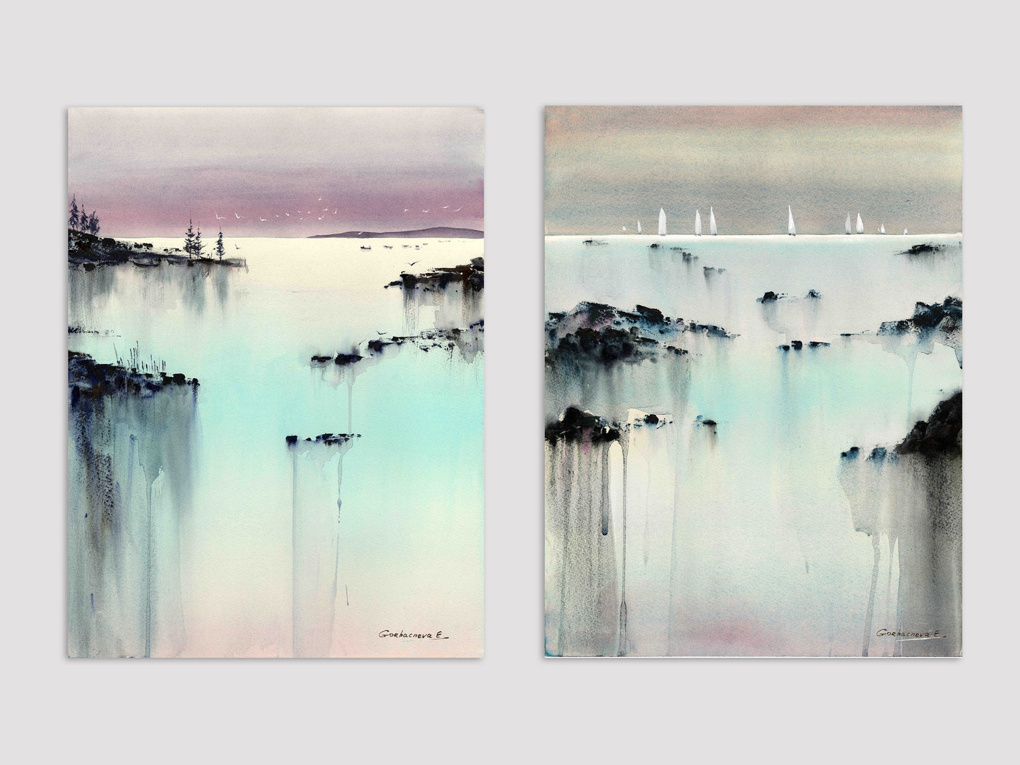 Abstract Art Set of 2 Pieces, Coastal Wall Prints, Modern Design Decor, Turquoise, Pink, Giclee Extra Large Canvas Print