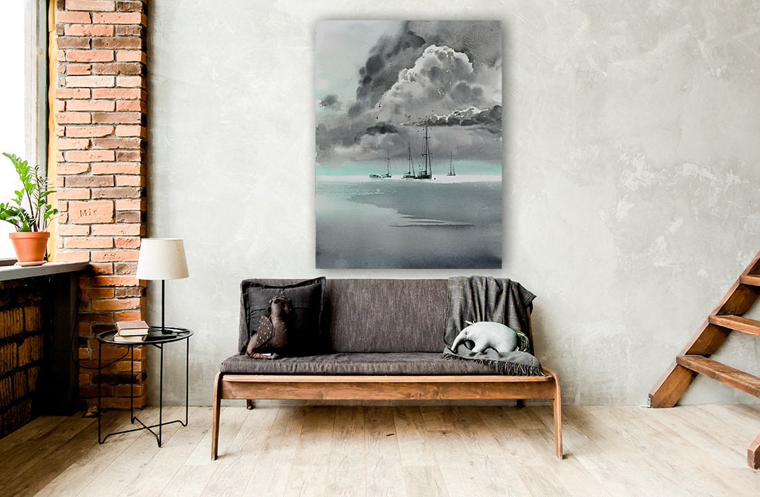 Mint Wall Art, Yacht Print, Monochrome Seascape Painting, Watercolor Sailboat, Office Design Decor, Gift, Sea, Clouds